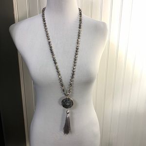 34” Long Beaded Necklace w Tassel Gray Tassel NWT